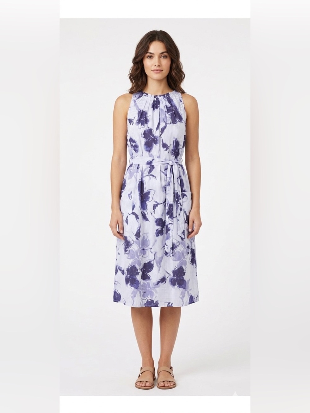 Julian Taylor Blue & White Pinstripe 100% Cotton Floral Midi Dress Size 12 NWT